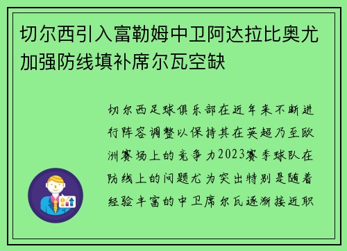 切尔西引入富勒姆中卫阿达拉比奥尤加强防线填补席尔瓦空缺